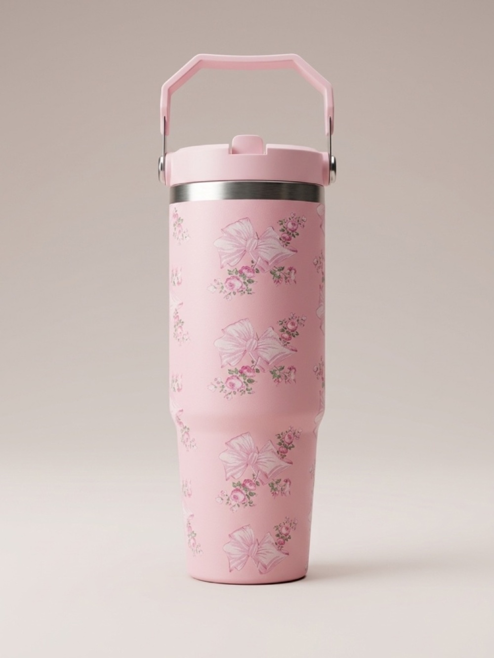 Pink Floral Tumbler with Handle | 30oz